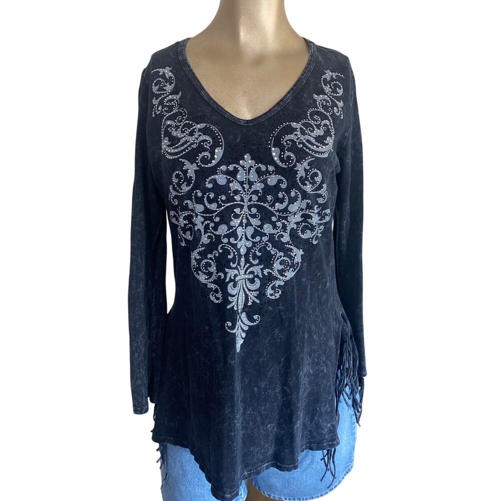 Cover Charge Small Blue Acid Wash Rhinestone Western Fringe Tunic Top USA